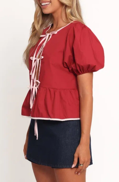 Petal And Pup Petal & Pup Ellien Tie Front Puff Sleeve Top In Red