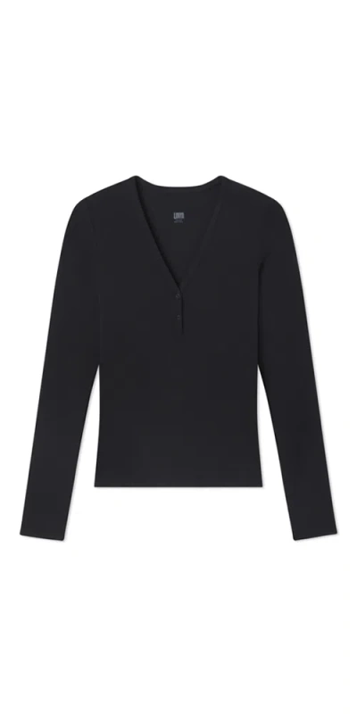 Lunya Soft Modal Rib V-neck Henley In Immersed Black
