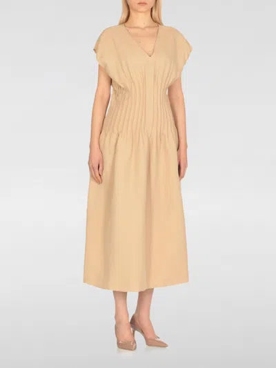 Fabiana Filippi Linen Dress With Gathered Waistline And V-neckline In Neutral