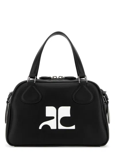 Courrèges Rectangular Black Cowhide Leather Shoulder Bag With Contrasting Logo