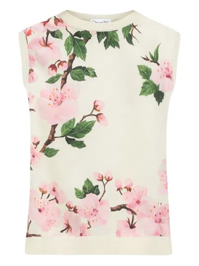 Oscar De La Renta Paneled Knitted And Floral-print Silk-blend Twill Tank In White