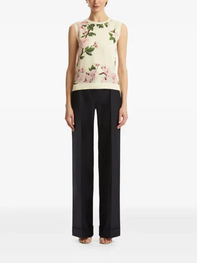 Oscar De La Renta Paneled Knitted And Floral-print Silk-blend Twill Tank In White