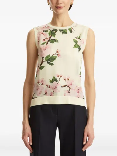 Oscar De La Renta Paneled Knitted And Floral-print Silk-blend Twill Tank In White