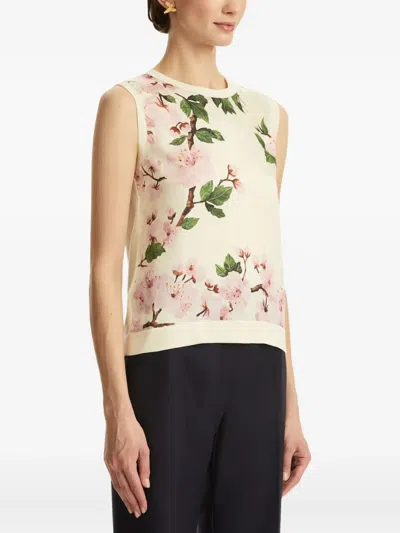 Oscar De La Renta Paneled Knitted And Floral-print Silk-blend Twill Tank In White