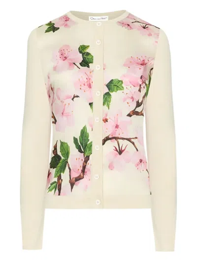 Oscar De La Renta Paneled Knitted And Floral-print Silk-blend Twill Cardigan In Neutral