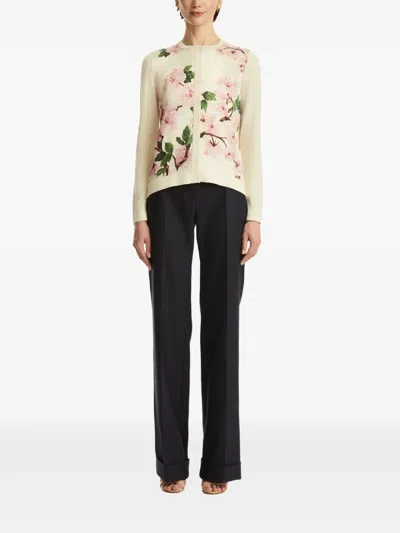 Oscar De La Renta Paneled Knitted And Floral-print Silk-blend Twill Cardigan In Neutral