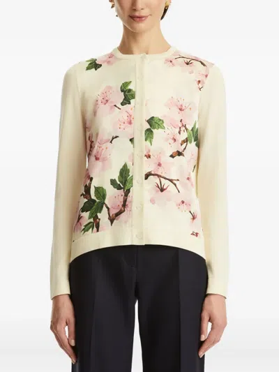 Oscar De La Renta Paneled Knitted And Floral-print Silk-blend Twill Cardigan In Neutral