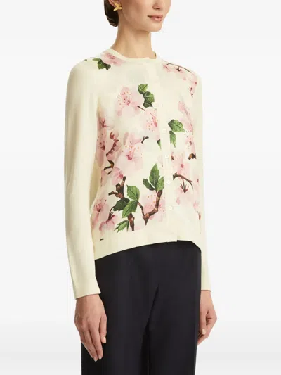 Oscar De La Renta Paneled Knitted And Floral-print Silk-blend Twill Cardigan In Neutral