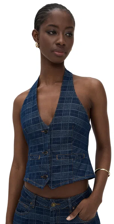 Lioness Renewal Halter Top Indigo Plaid In Blue