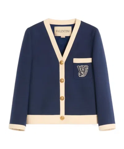 Valentino V-neck Wool Blend Blazer With Front Pocket In Blue