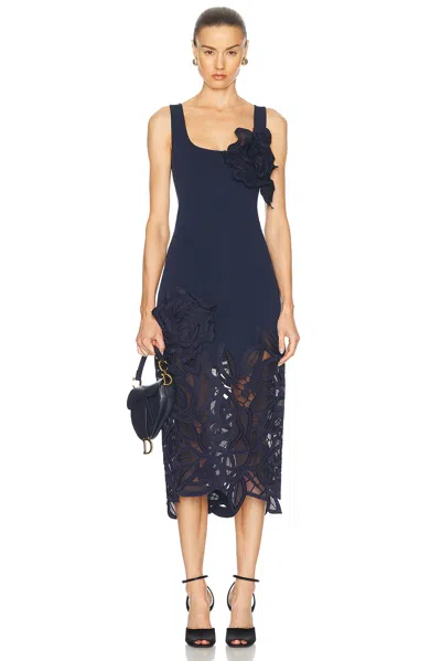 Oscar De La Renta Rose Guipure Long Knit Dress In Navy