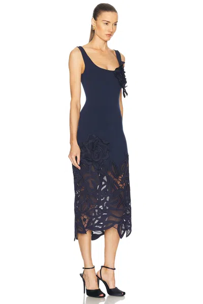 Oscar De La Renta Rose Guipure Long Knit Dress In Navy
