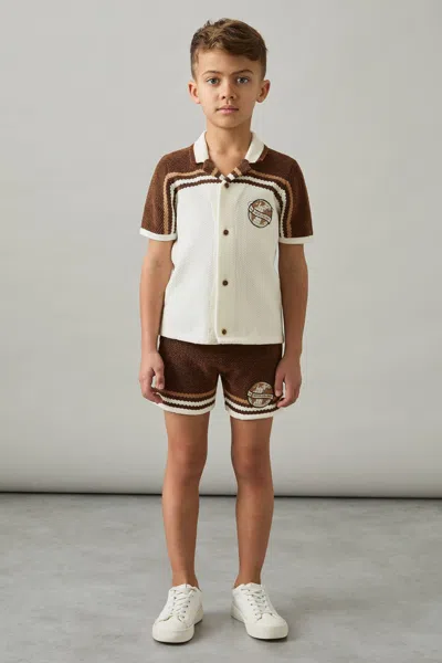 Reiss Brown/taupe Brown/white 3-9 Yrs Chenille Airlines Embroidery Shorts