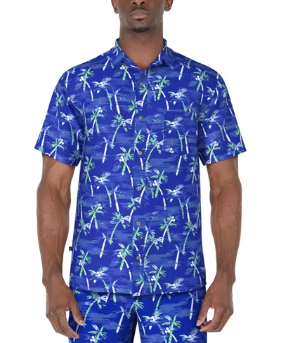 Pga Tour Men's Short Sleeve Watercolor Palm Print Button-front Shirt In Blue