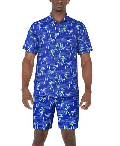 Pga Tour Men's Short Sleeve Watercolor Palm Print Button-front Shirt In Blue