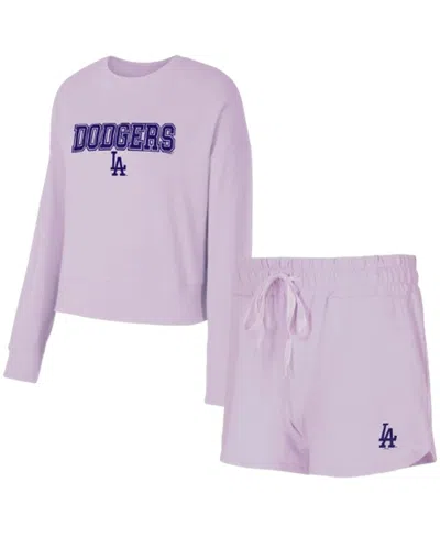 Concepts Sport Women'sâ 3-piece Lavender Los Angeles Dodgers Elevation Tri-blend Long Sleeve T-shirt And Shorts Set In Purple