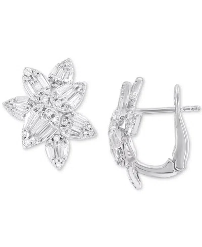 Macy's Diamond Round & Baguette Flower Earrings (1-1/2 Ct. T.w.) In 14k White Gold