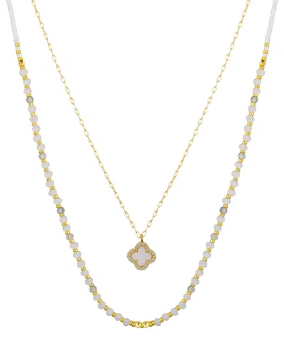 Unwritten Labradorite Stone Mother Of Pearl And Cubic Zirconia Clover Layered Necklace Set