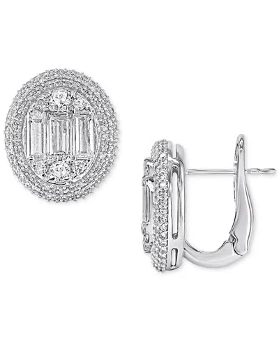 Macy's Diamond Round & Baguette Halo Cluster Earrings (1 Ct. T.w.) In 14k White Gold