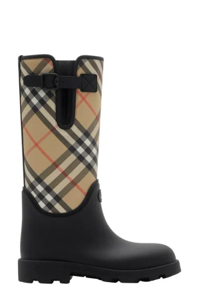 Burberry Woven Check Rain Boots With Adjustable Buckle And Equestrian Design In Black