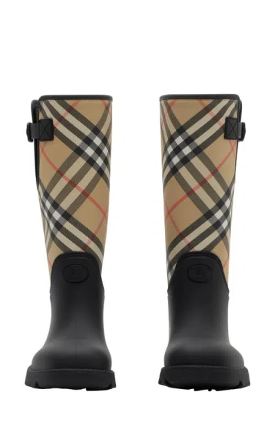 Burberry Woven Check Rain Boots With Adjustable Buckle And Equestrian Design In Black
