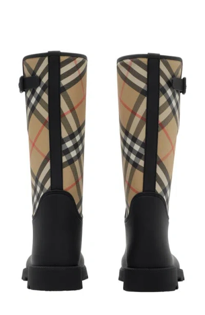 Burberry Woven Check Rain Boots With Adjustable Buckle And Equestrian Design In Black