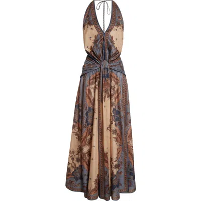 Zimmermann The Ascension Plunge Halter Cotton Long Dress In Gray