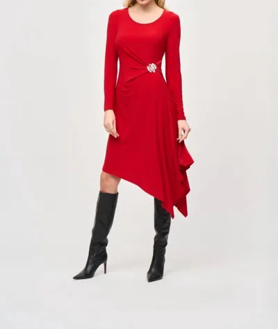 Joseph Ribkoff Long Sleeve Asymmetric Midi Fit And Flare Dress In Lipstick Red