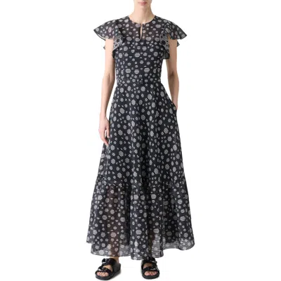 Akris Punto Circle Print Burnout Stripe Flutter Sleeve Maxi Dress