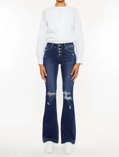 Kancan Alisha Distressed Denim Flare Jeans In Dark Stone Wash
