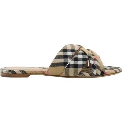 Burberry Beige Check Cabana Slides In Gold