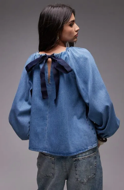 Topshop Denim Puff Sleeve Top With Bow Tie