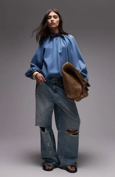 Topshop Denim Puff Sleeve Top With Bow Tie