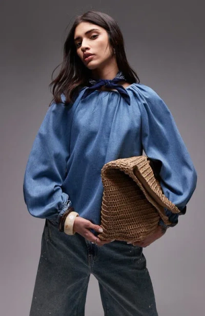Topshop Denim Puff Sleeve Top With Bow Tie