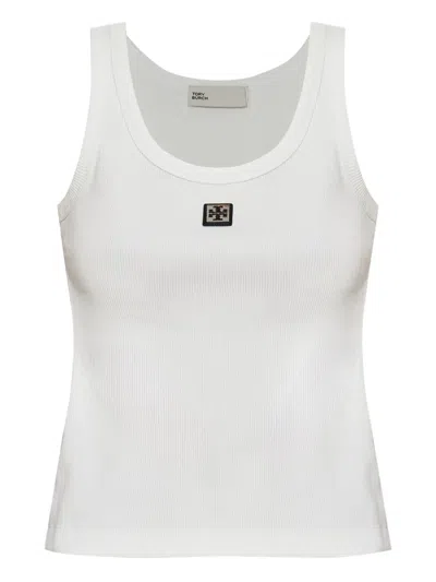 Tory Burch White Sleeveless Top With Round Neck And Logo Embroidery On The Front In Cotton Woman