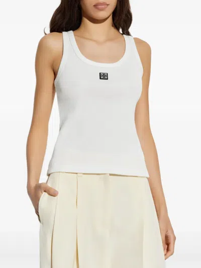 Tory Burch White Sleeveless Top With Round Neck And Logo Embroidery On The Front In Cotton Woman