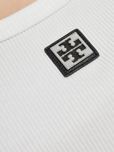 Tory Burch White Sleeveless Top With Round Neck And Logo Embroidery On The Front In Cotton Woman