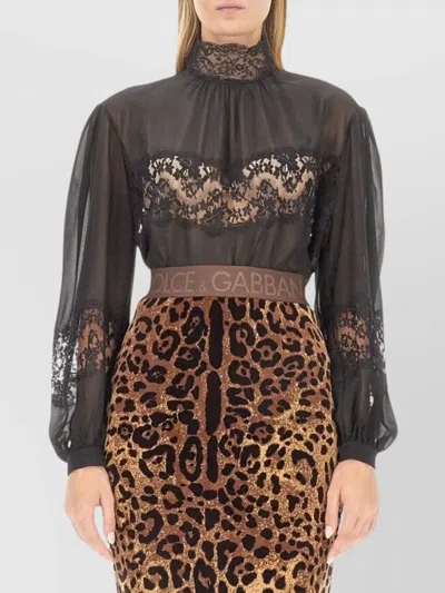 Dolce & Gabbana Georgette Lace-trimmed Turtleneck Blouse In Black