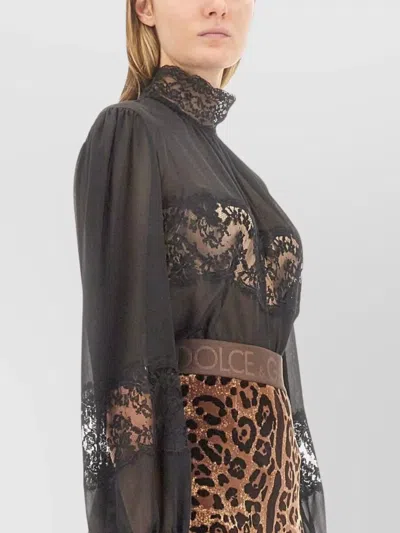 Dolce & Gabbana Georgette Lace-trimmed Turtleneck Blouse In Black