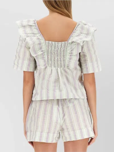 Ganni Striped Seersucker Ruffle Blouse