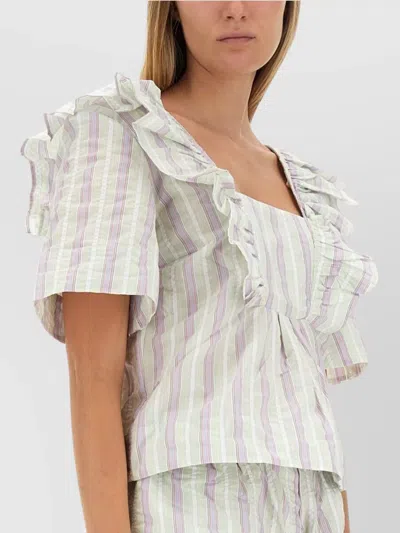 Ganni Striped Seersucker Ruffle Blouse