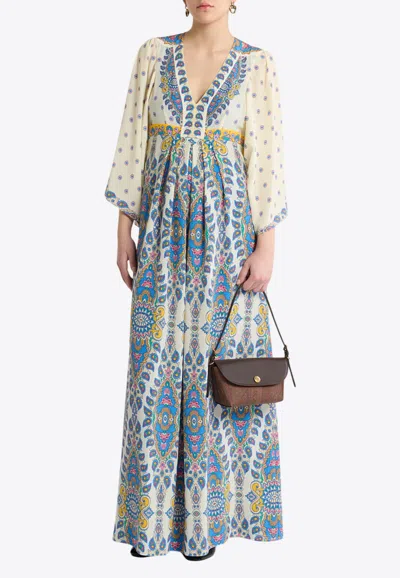 Etro Paisley Silk Maxi Dress In Print On White Base