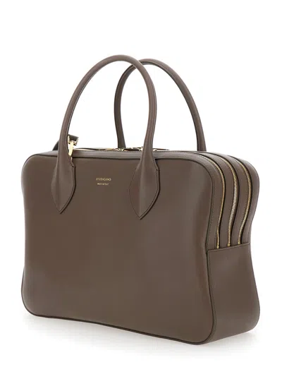 Ferragamo Brown Handbag With Three Zips And Logo Printed On The Front