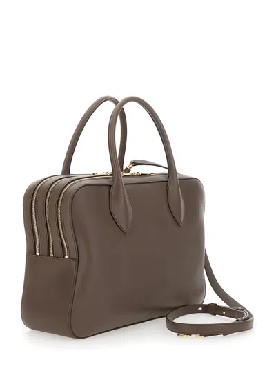 Ferragamo Brown Handbag With Three Zips And Logo Printed On The Front