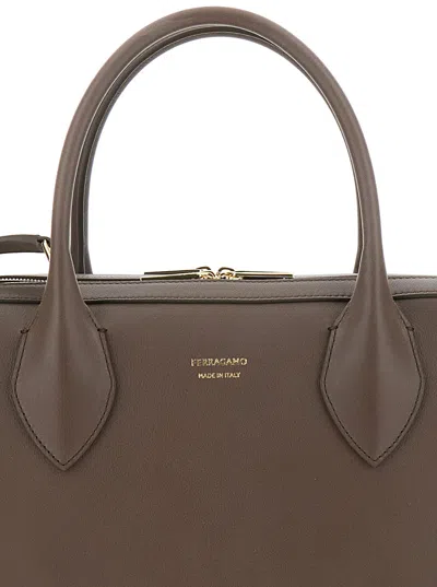 Ferragamo Brown Handbag With Three Zips And Logo Printed On The Front