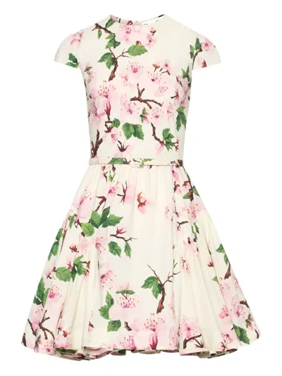 Oscar De La Renta Short-sleeve Cherry Blossom Poplin Mini Dress With Belt In Pink