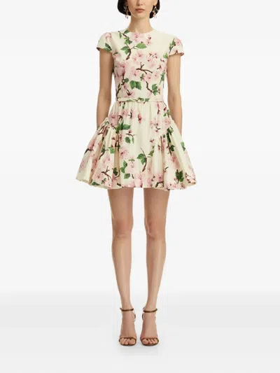 Oscar De La Renta Short-sleeve Cherry Blossom Poplin Mini Dress With Belt In Pink