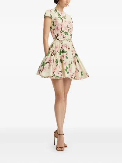 Oscar De La Renta Short-sleeve Cherry Blossom Poplin Mini Dress With Belt In Pink