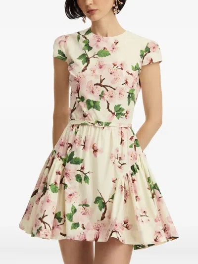 Oscar De La Renta Short-sleeve Cherry Blossom Poplin Mini Dress With Belt In Pink