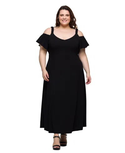 24seven Comfort Apparel Women's Cold Sholder Ruffle Sleeve A Line Maxi Dress In Black
